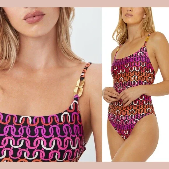 NWT $172‎ Trina Turk [ 12 ] Echo Scoop Neck One Piece Swimsuit Pink Black 6938 - Picture 2 of 9